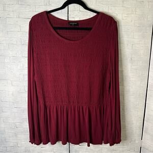 Lane Bryant Burgundy Red Ruched Long Sleeve Blouse balloon, sleeves, peplum cut
